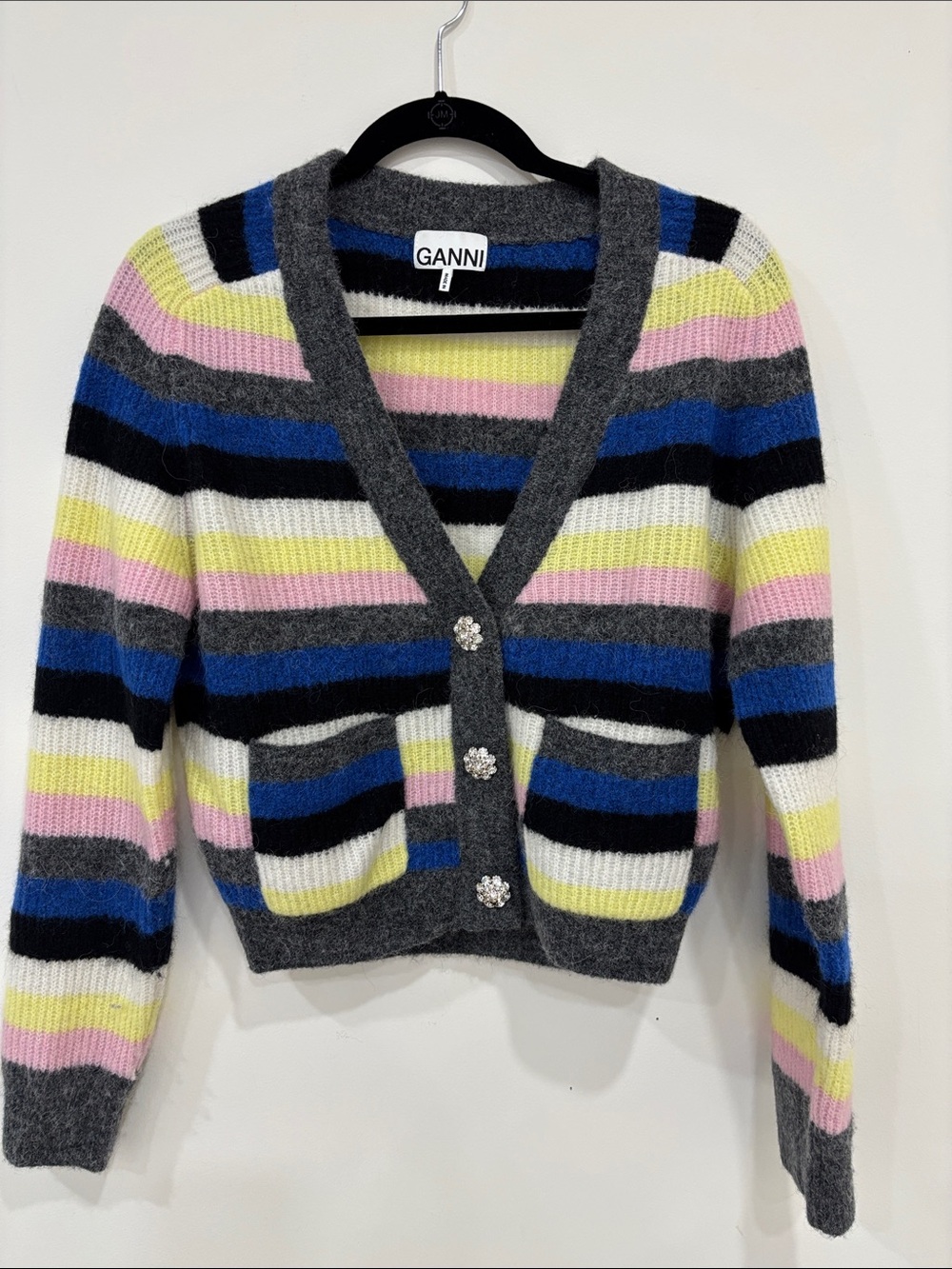 Ganni Gray Multicolor Striped V-Neck Cardigan with Jewel Buttons